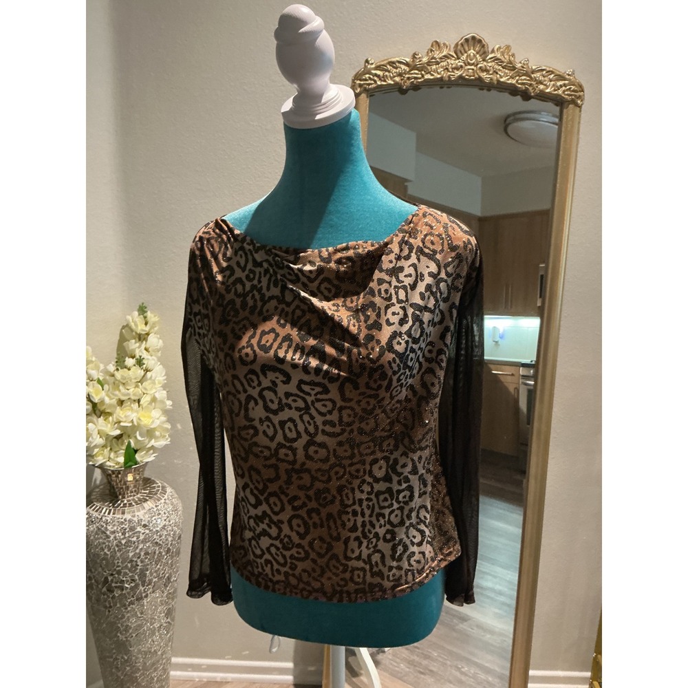 Leopard Print Cowl Neck Mesh Long‎ Sleeve Top Brown Black Metallic Animal Blouse
